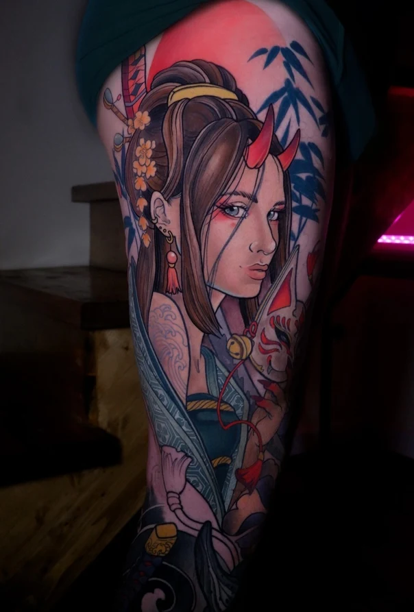 Japanese Geisha, Oni tattoo on Thigh