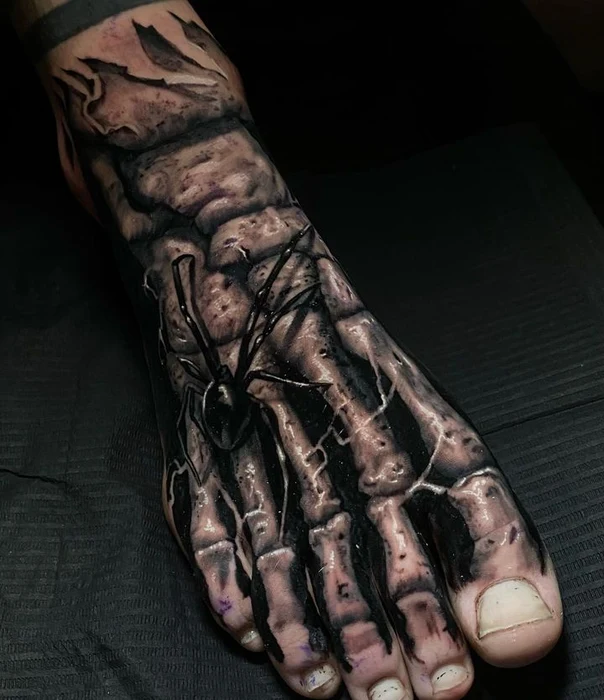 Black & Grey Spider, Skeleton tattoo on Foot