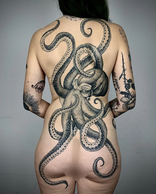 Black & Grey Octopus tattoo on Full Back