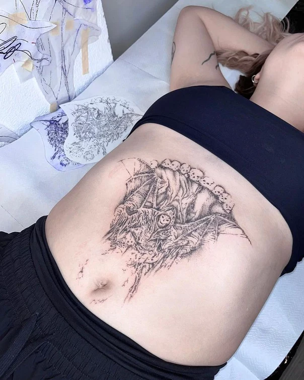 Blackwork Skull, Bat tattoo on Stomach