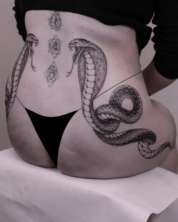 Black & Grey Snake, Chakra tattoo on Side