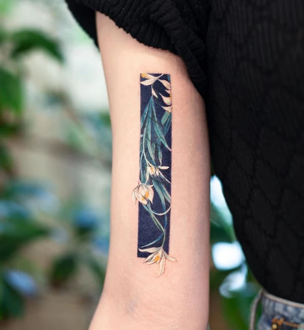 Botanic Flowers, Leaves tattoo on Forearm