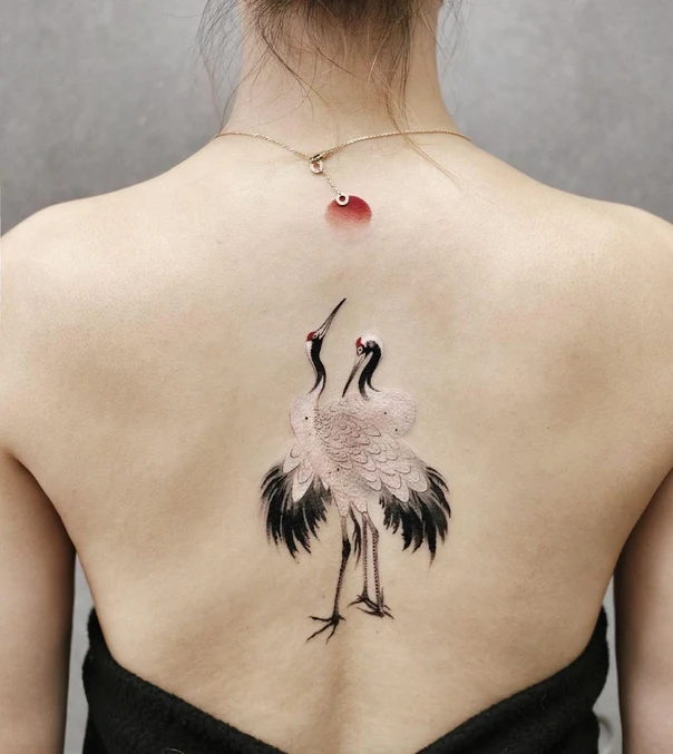 Japanese Crane tattoo on Upper Back