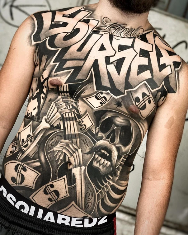 Blackwork Skull, Money tattoo on Chest