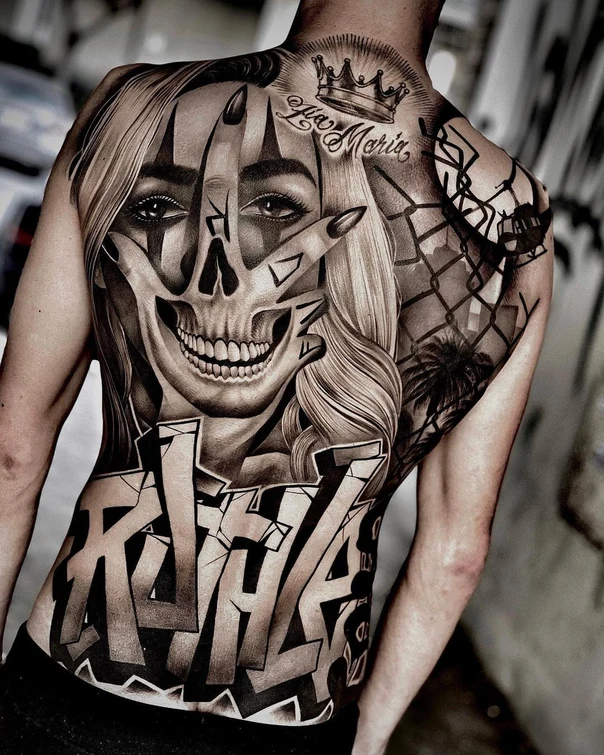 Black & Grey Skull, Portrait tattoo on Full Back