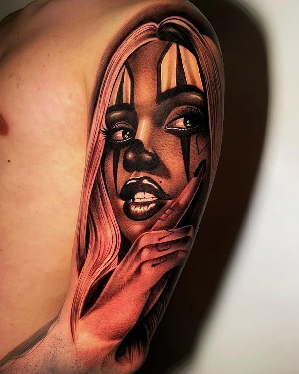Realism Clown, Face tattoo on Upper Arm