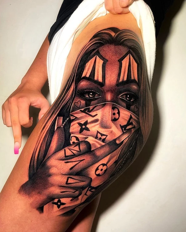 Realism Face, Hand tattoo on Thigh