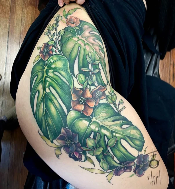 Botanic Leaves, Flowers tattoo on Thigh