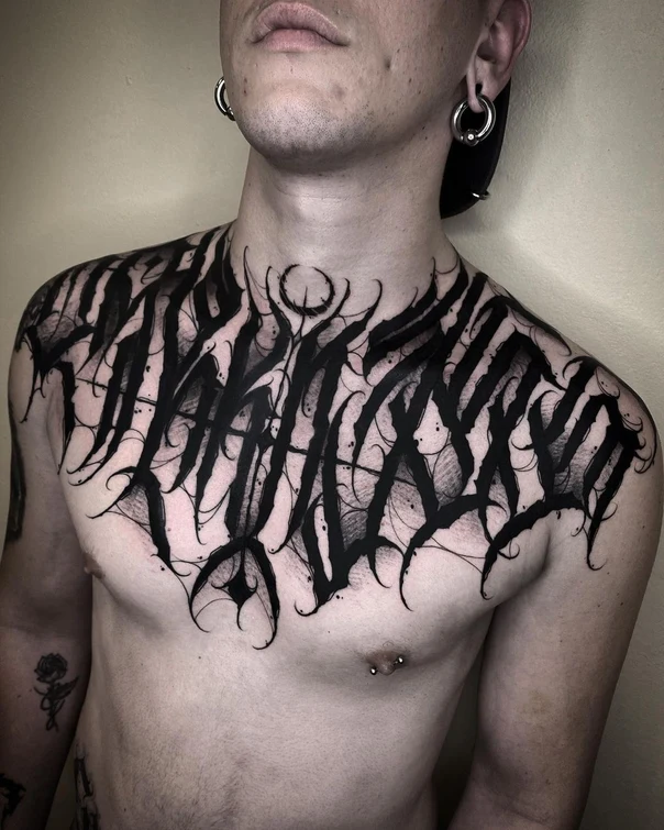 Blackwork Lettering, Abstract tattoo on Chest