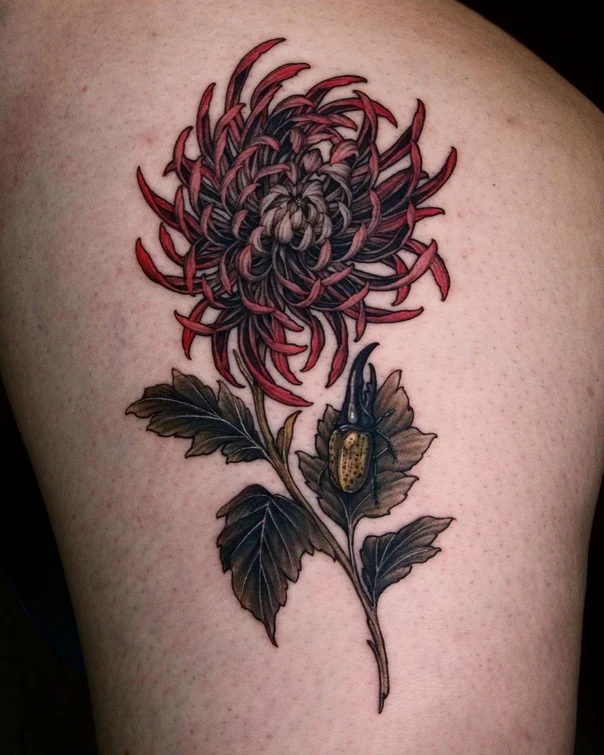 Botanic Flower, Insect tattoo on Thigh