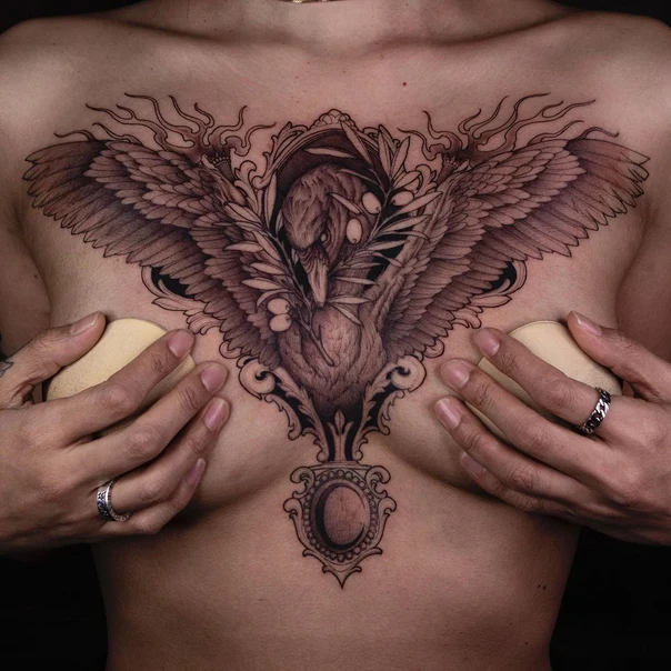 Blackwork Bird, Wings tattoo on Chest