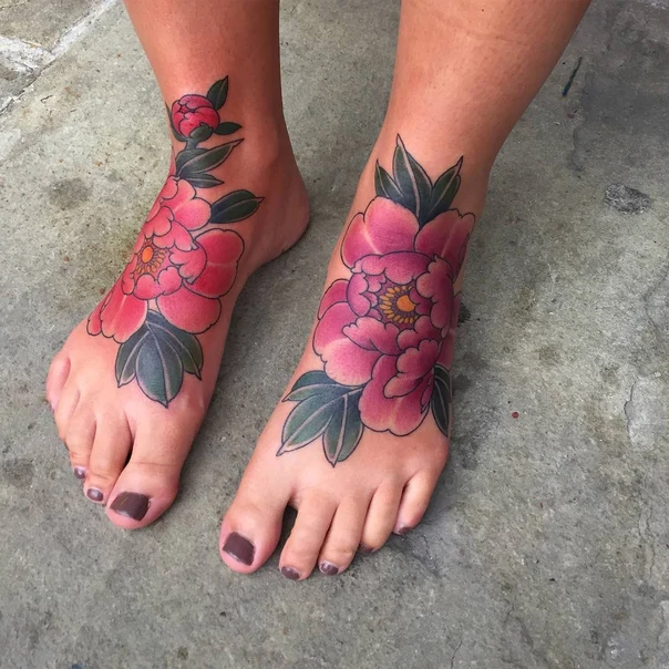 Japanese Flower, Peony tattoo on Foot