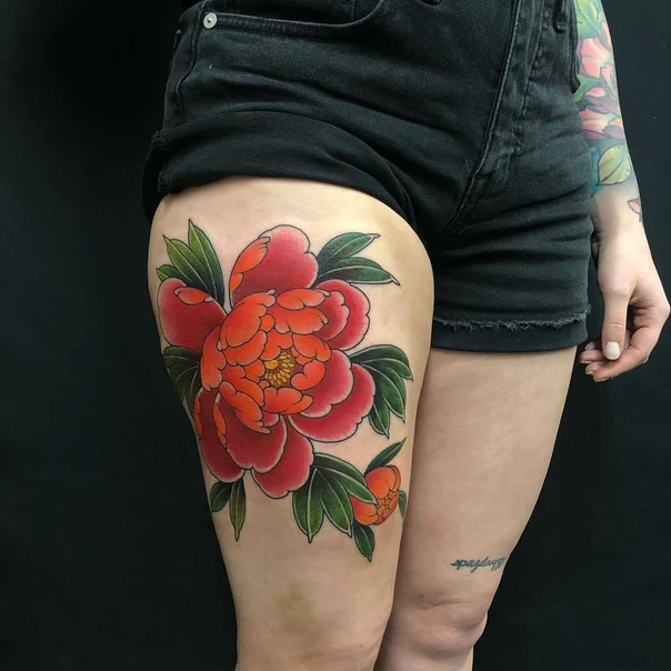 Japanese Flower, Peony tattoo on Thigh