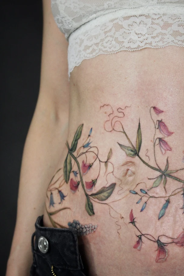 Botanic Flowers, Vines tattoo on Stomach