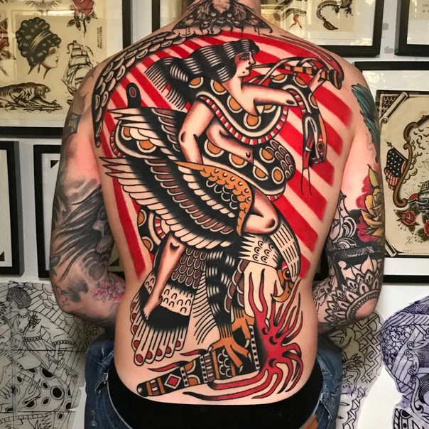 Traditional Eagle, Woman tattoo on Full Back