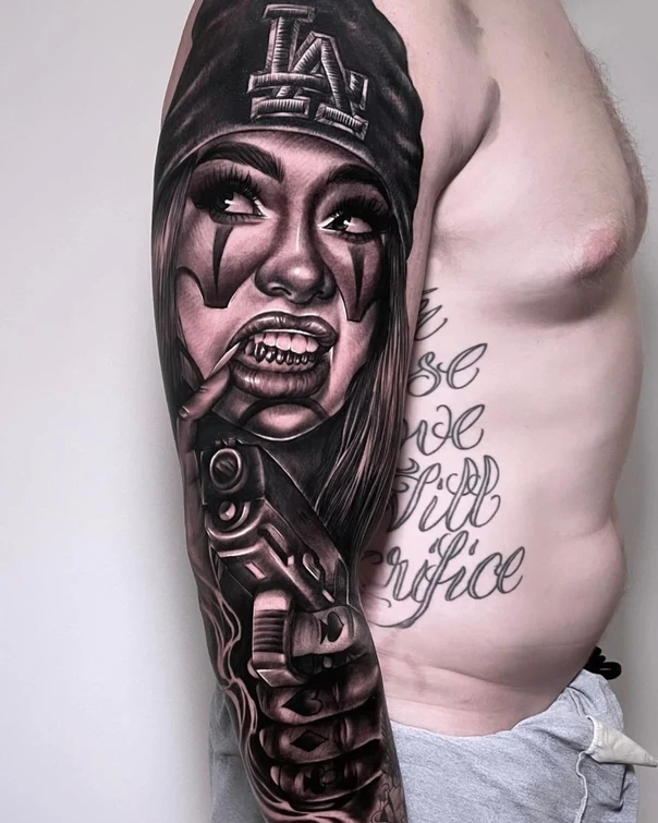 Black & Grey Portrait, Gun tattoo on Full Sleeve