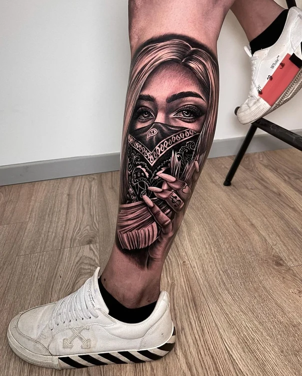 Realism Face, Money tattoo on Calf