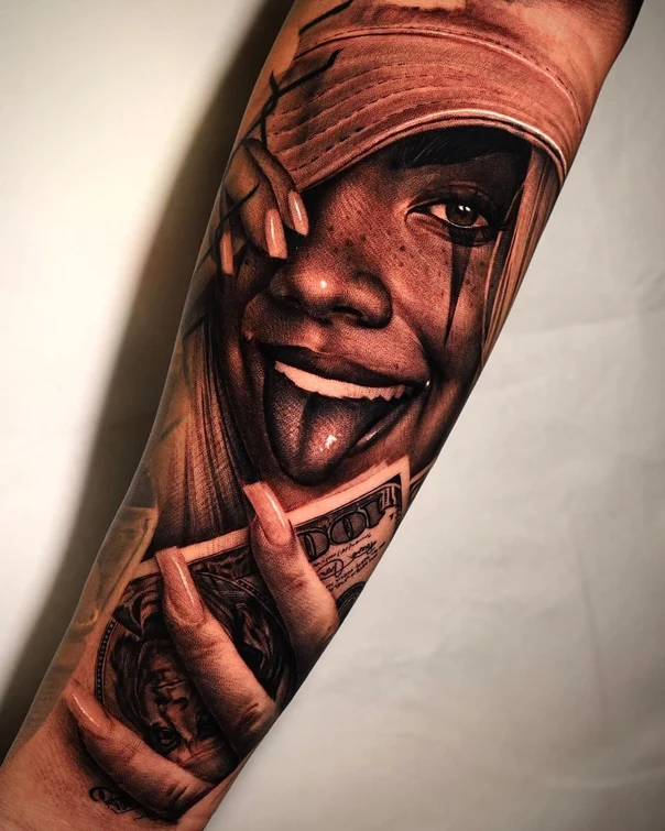 Realism Portrait, Money tattoo on Forearm