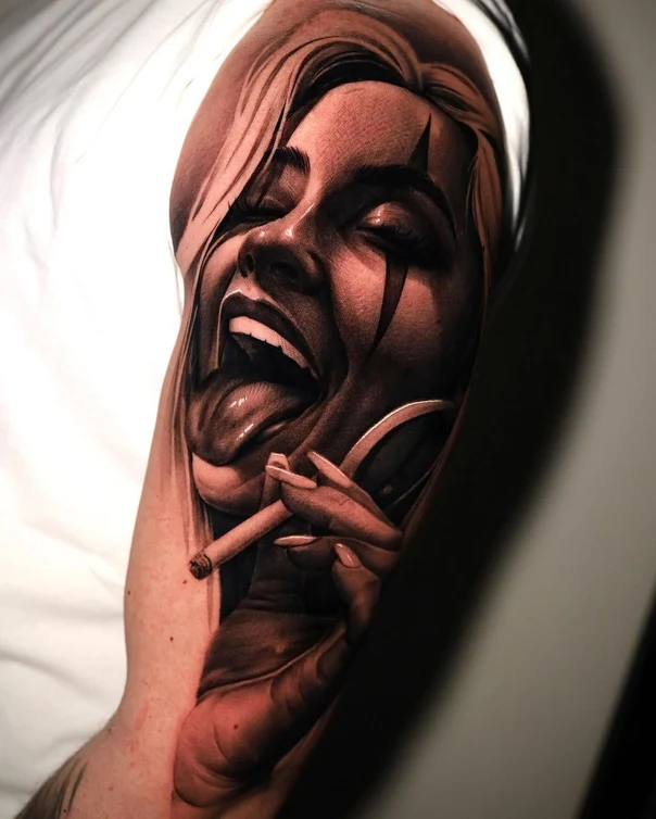 Realism Portrait, Cigarette tattoo on Upper Arm