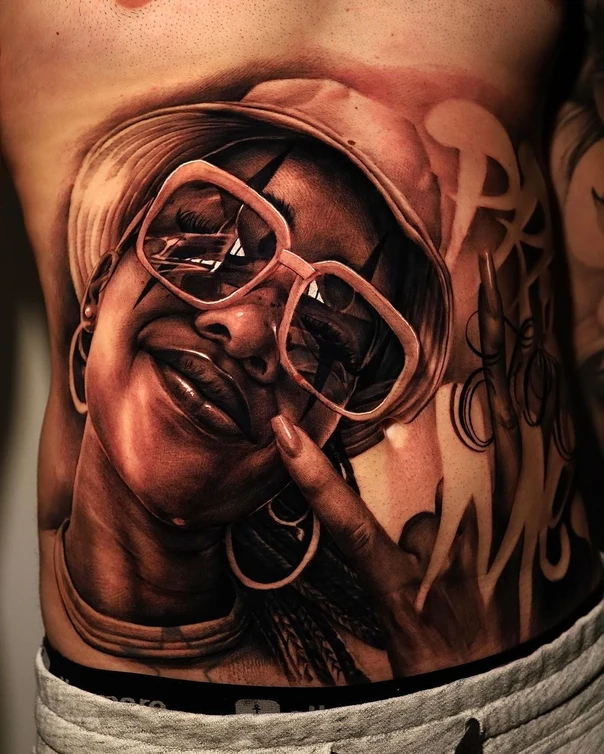 Realism Portrait, Face tattoo on Stomach
