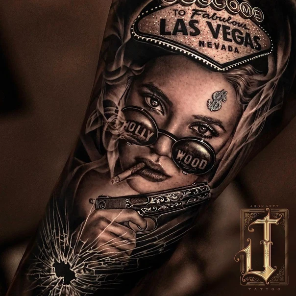 Realism Woman, Gun tattoo on Forearm