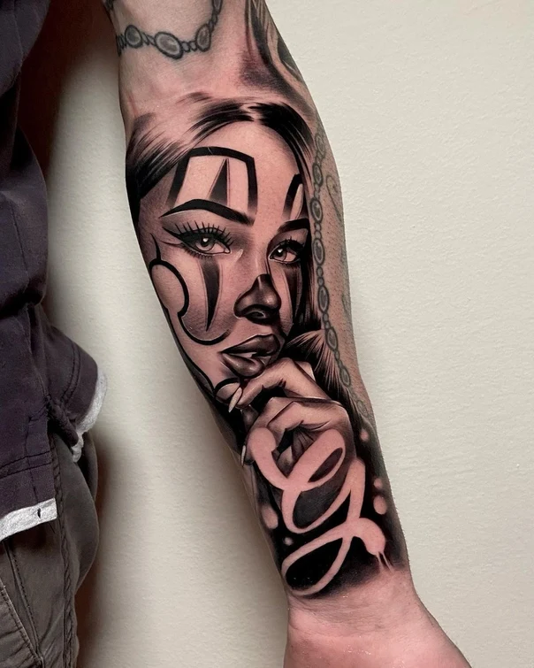 Chicano Portrait, Lettering tattoo on Forearm