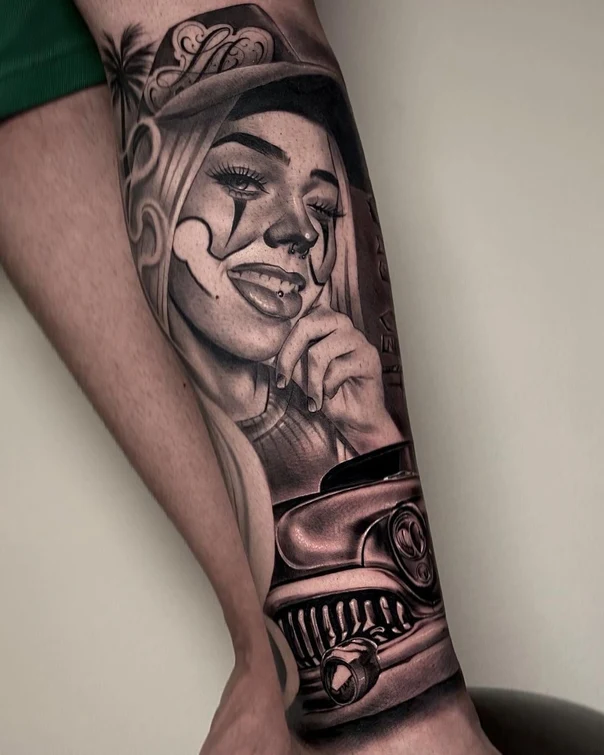 Black & Grey Portrait, Car tattoo on Forearm