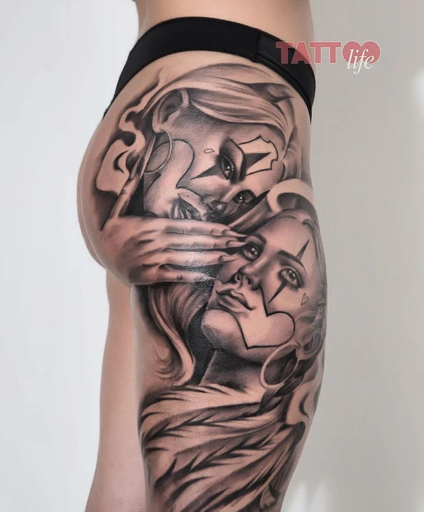 Black & Grey Clown, Face tattoo on Thigh