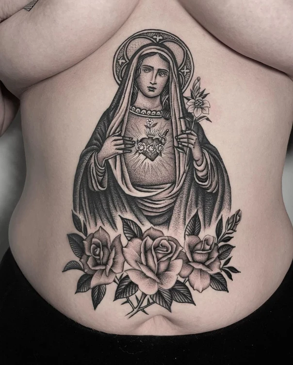 Black & Grey Religious, Roses tattoo on Stomach