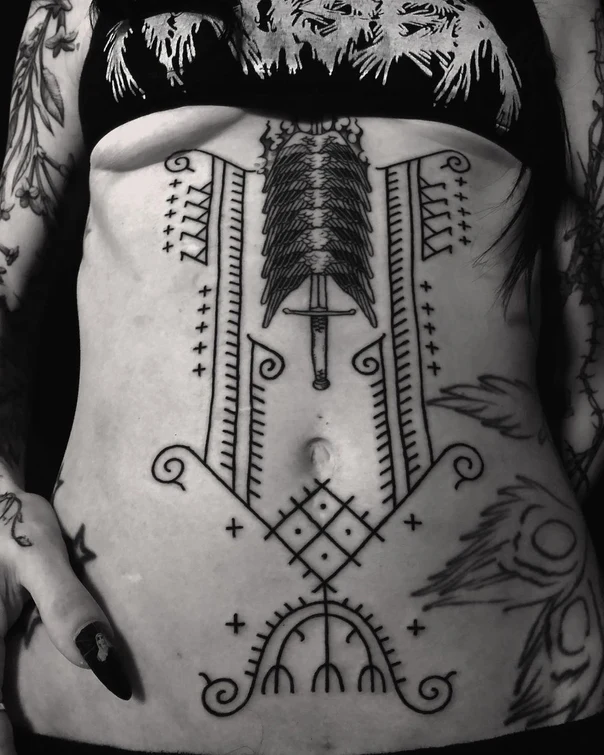 Linework Sword, Wings tattoo on Stomach