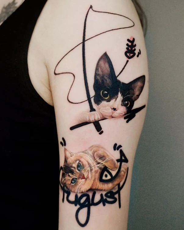 Illustrative Cat, Fish tattoo on Upper Arm