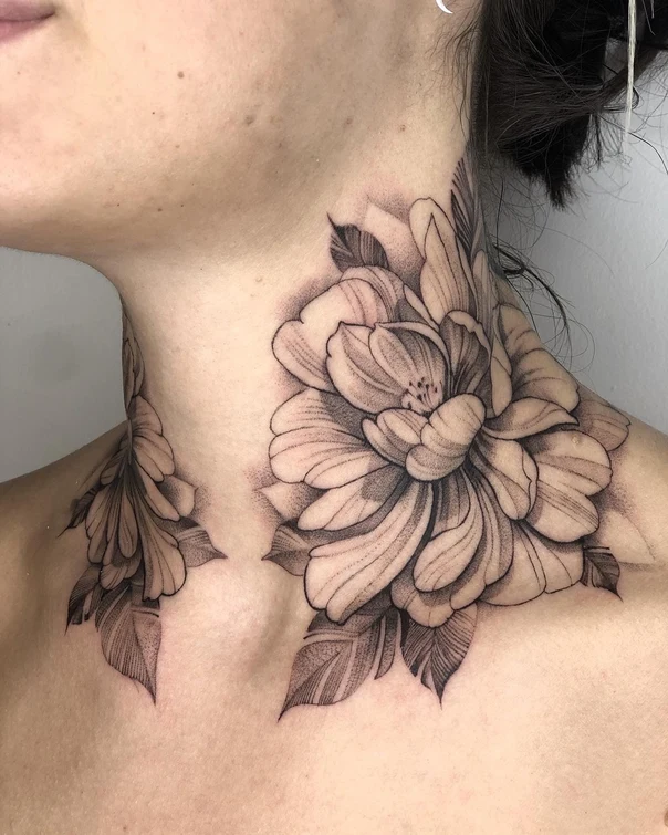 Blackwork Flower, Leaves tattoo on Neck