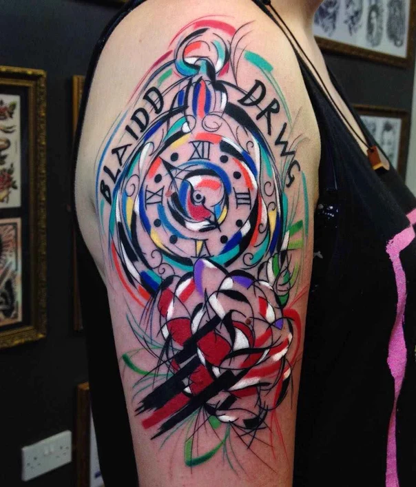 Abstract Clock, Rose tattoo on Upper Arm