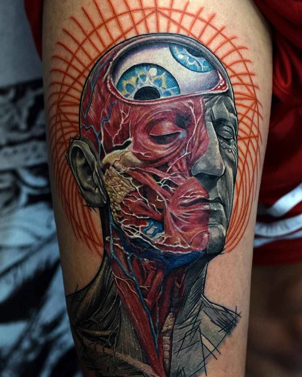 Biomechanical Anatomy, Eye tattoo on Thigh