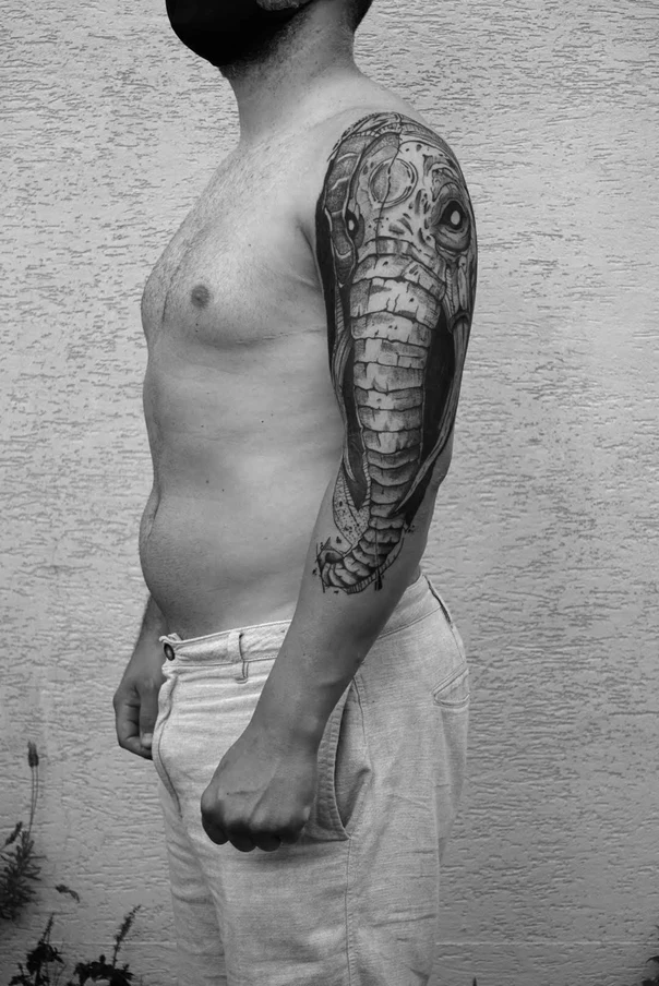 Black & Grey Elephant tattoo on Full Sleeve