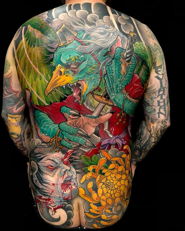 Japanese Mythical creature, Flowers tattoo on Full Back