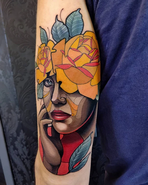Illustrative Portrait, Botanic tattoo on Forearm