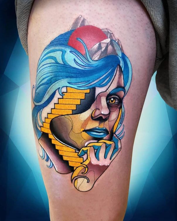 Illustrative Face, Stairs tattoo on Thigh