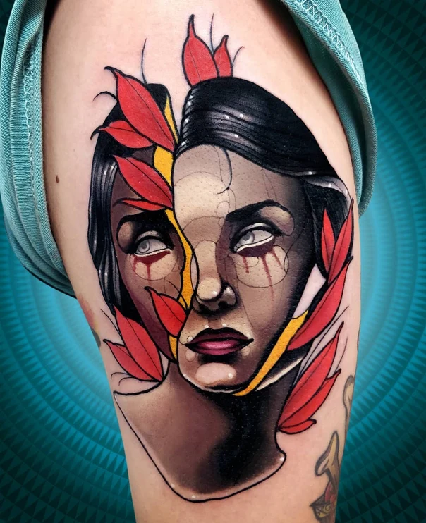 Realism Portrait, Leaves tattoo on Shoulder