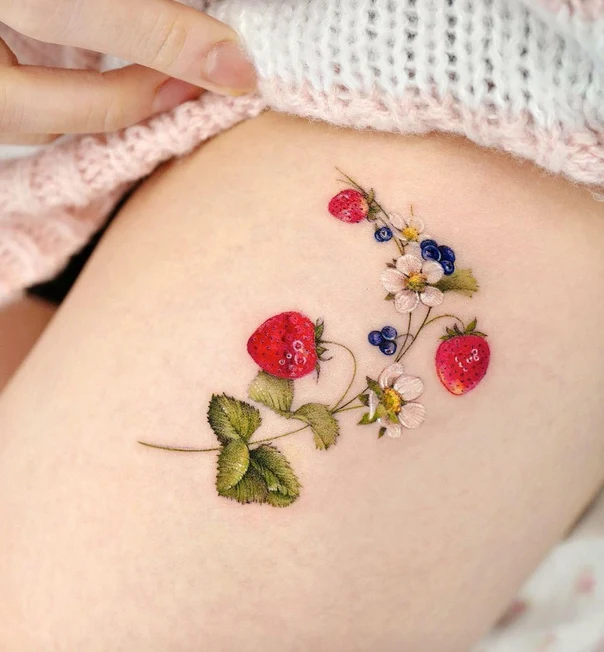 Botanic Strawberry, Flower tattoo on Thigh