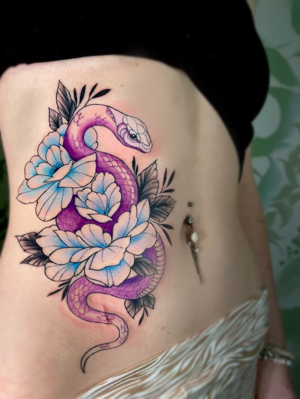 Illustrative Snake, Flowers tattoo on Side