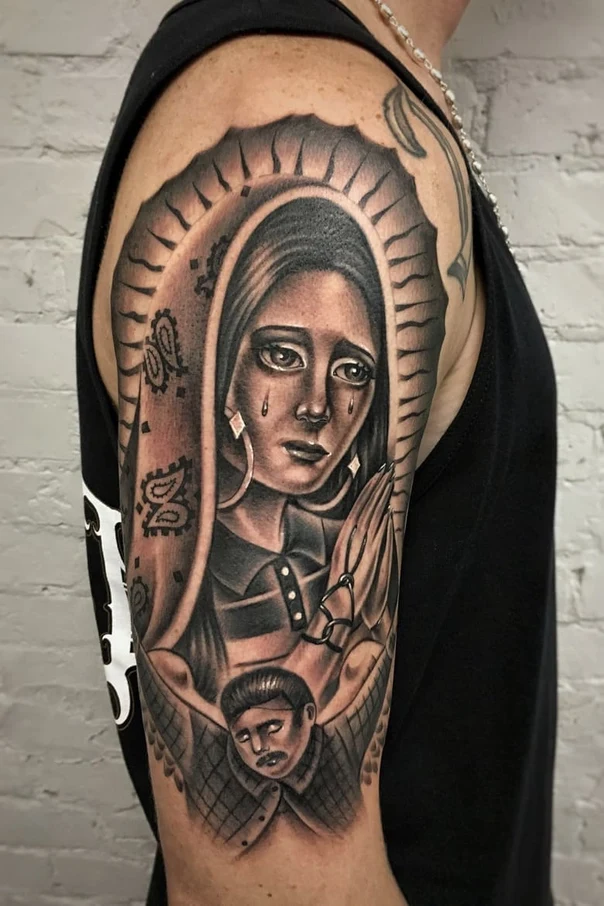 Chicano Religious, Portrait tattoo on Upper Arm