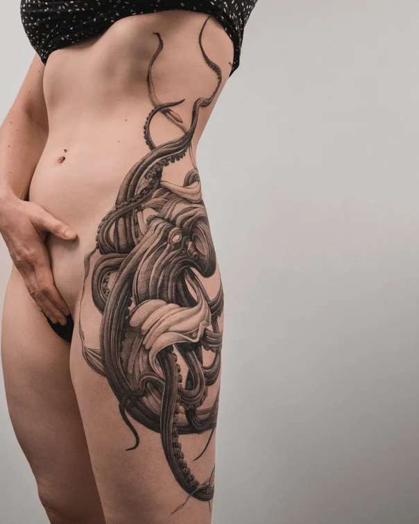 Black & Grey Octopus tattoo on Side