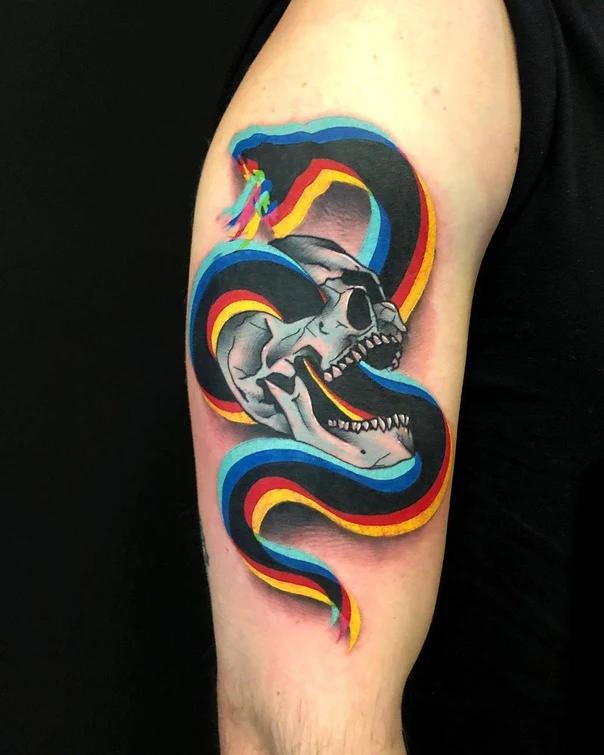Abstract Skull, Snake tattoo on Bicep