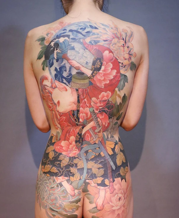 Japanese Flowers, Animal tattoo on Full Back