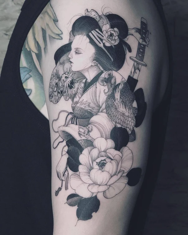Japanese Geisha, Dragon tattoo on Upper Arm