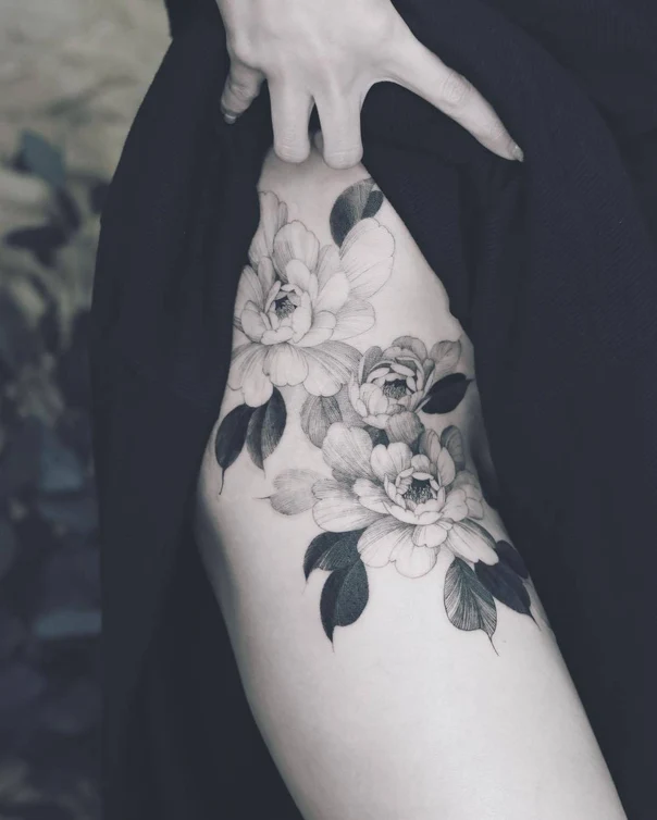 Fineline Flower, Leaves tattoo on Thigh