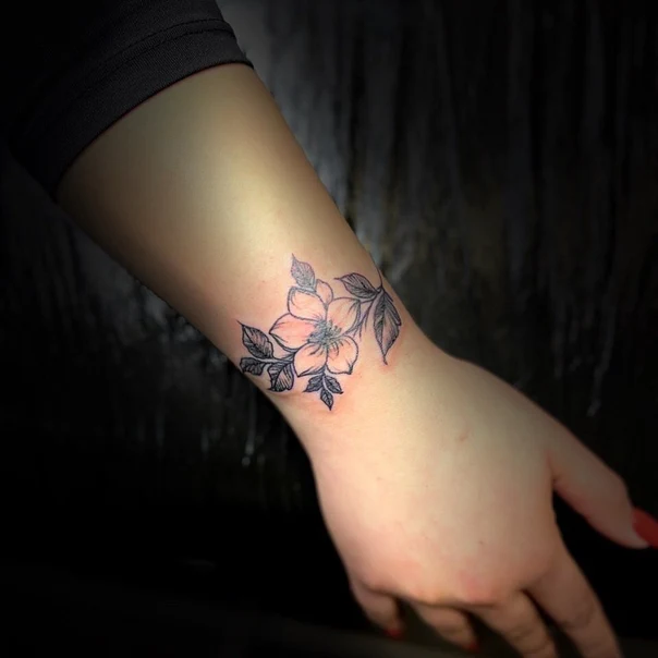 Fineline Flower, Leaves tattoo on Wrist