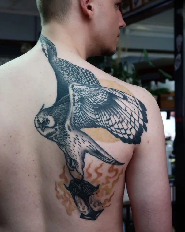 Black & Grey Owl, Lantern tattoo on Upper Back