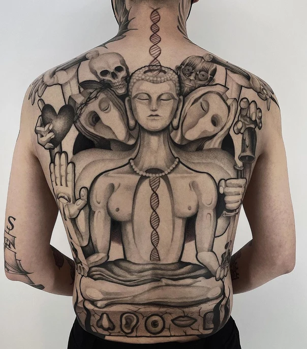 Black & Grey Buddha, Skull tattoo on Full Back